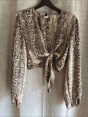 Snake Print Tie-Front Long Sleeve Crop Top - Brown